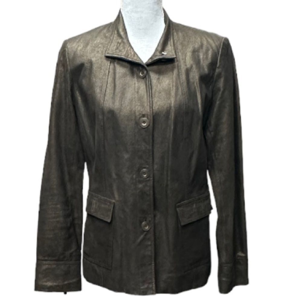 Alfani Brown Genuine Leather‎ Jacket With Copper Gold Sheen Womens Size M Zip Up